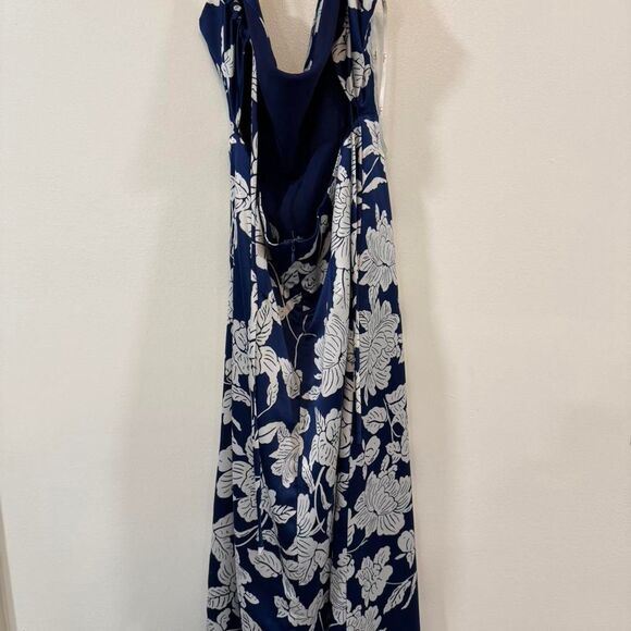 Lulus Women's Satin Dress Midi Floral Navy Blue White Wedding Guest Prom Resort - Picture 4 of 8